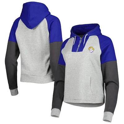 Women's Antigua  Heather Gray Los Angeles Rams Lightweight Jackpot Raglan Half-Zip Pullover Hoodie