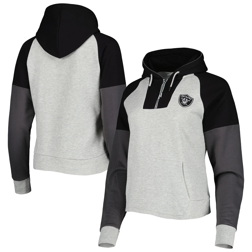 Women's Antigua  Heather Gray Las Vegas Raiders Lightweight Jackpot Raglan Half-Zip Pullover Hoodie