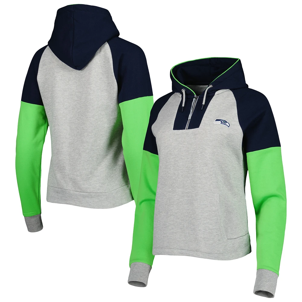 Women's Antigua  Heather Gray Seattle Seahawks Lightweight Jackpot Raglan Half-Zip Pullover Hoodie