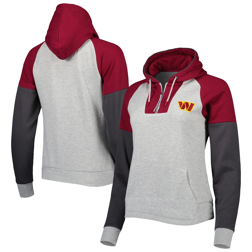 Women's Antigua  Heather Gray Washington Commanders Lightweight Jackpot Raglan Half-Zip Pullover Hoodie