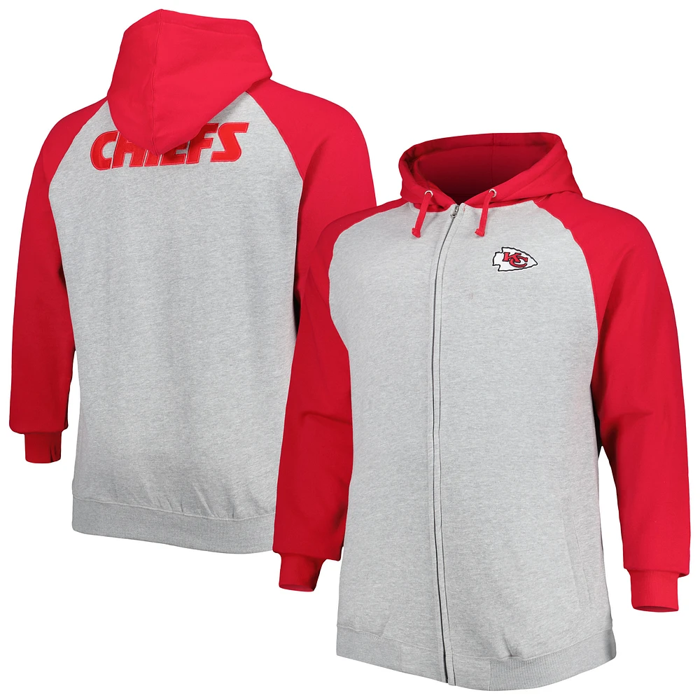 Men's Heather Gray Kansas City Chiefs Big & Tall Fleece Raglan Full-Zip Hoodie Jacket