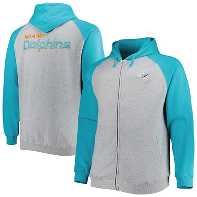 Men's Heather Gray Miami Dolphins Big & Tall Fleece Raglan Full-Zip Hoodie Jacket