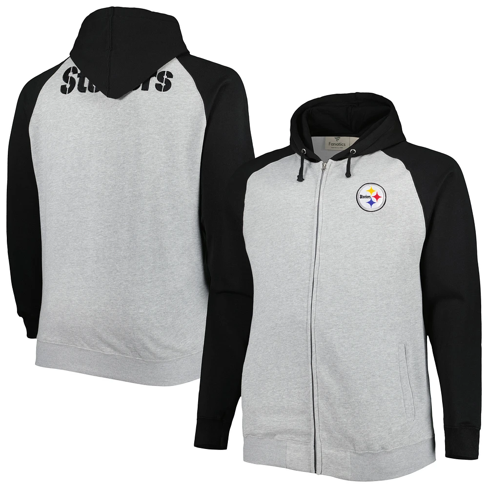 Men's Heather Gray Pittsburgh Steelers Big & Tall Fleece Raglan Full-Zip Hoodie Jacket