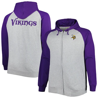 Men's Heather Gray Minnesota Vikings Big & Tall Fleece Raglan Full-Zip Hoodie Jacket