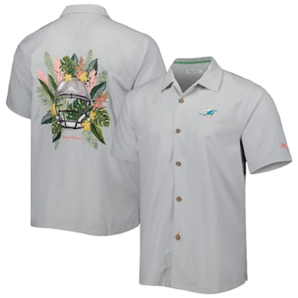 Men's Tommy Bahama Gray Miami Dolphins Coconut Point Frondly Fan Camp IslandZone Button-Up Shirt