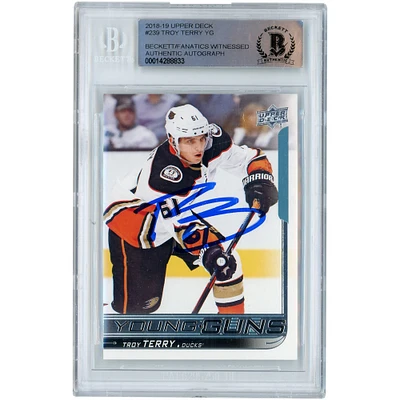 Troy Terry Anaheim Ducks Autographed 2018-19 Upper Deck Young Guns #239 Beckett Fanatics Witnessed Authenticated Rookie Card