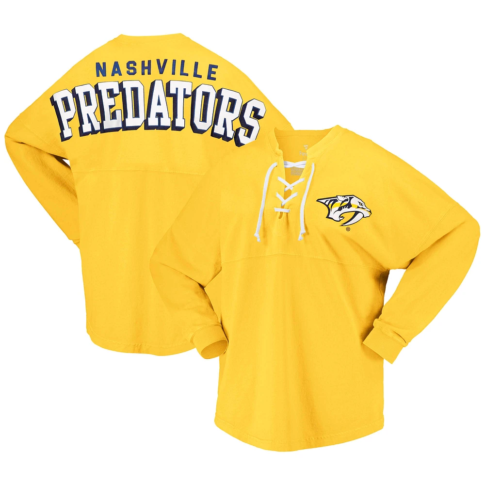 Women's Fanatics Gold Nashville Predators Spirit Lace-Up V-Neck Long Sleeve Jersey T-Shirt