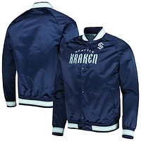 Men's Mitchell & Ness Deep Sea Blue Seattle Kraken Satin Full-Snap Raglan Varsity Jacket