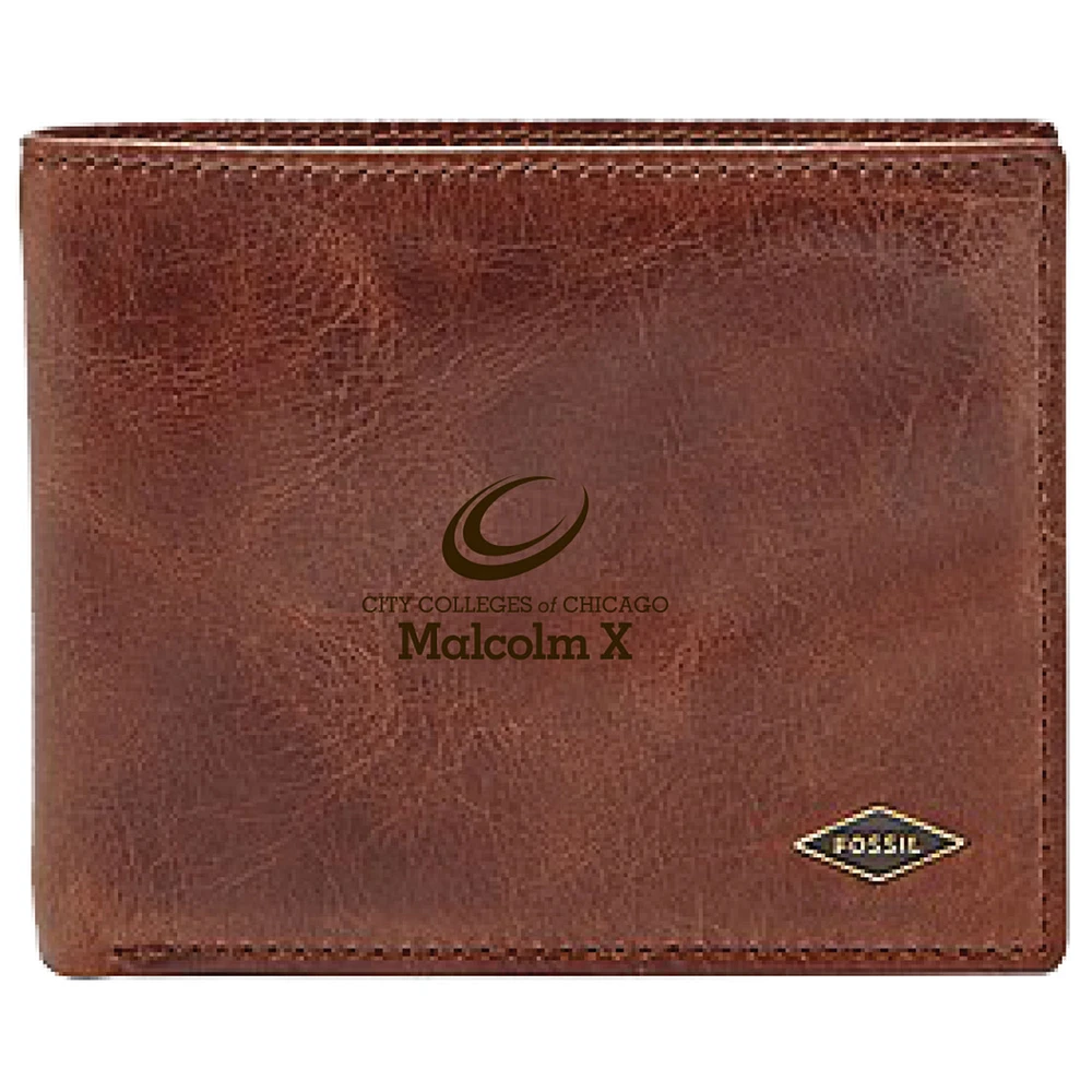 Men's Fossil Brown Malcolm X College Hawks Leather Ryan RFID Flip ID Bifold Wallet