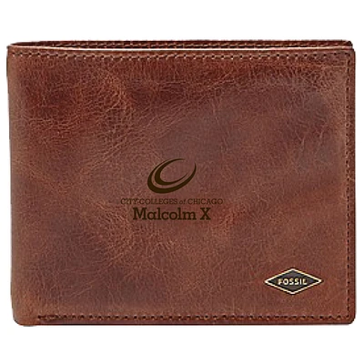 Men's Fossil Brown Malcolm X College Hawks Leather Ryan RFID Flip ID Bifold Wallet