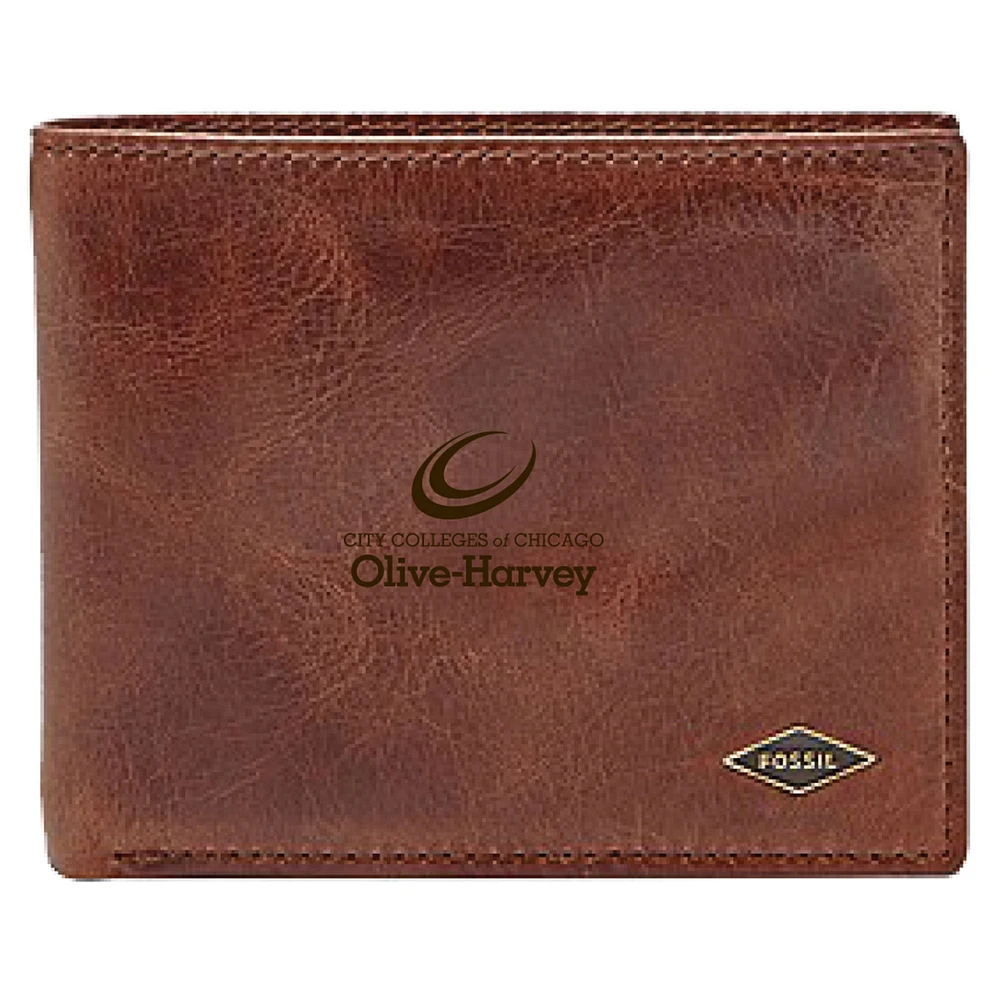 Men's Fossil Brown Olive-Harvey College Purple Panthers Leather Ryan RFID Flip ID Bifold Wallet
