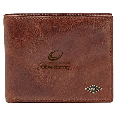 Men's Fossil Brown Olive-Harvey College Purple Panthers Leather Ryan RFID Flip ID Bifold Wallet