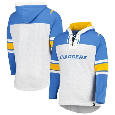 Men's '47 Los Angeles Chargers Heather Gray Gridiron Lace-Up Pullover Hoodie