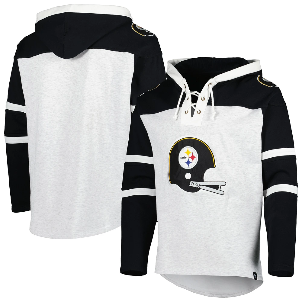 Men's '47 Pittsburgh Steelers Heather Gray Historic Logo Gridiron Lace-Up Pullover Hoodie