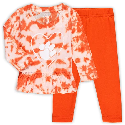 Girls Infant Wes & Willy Orange Clemson Tigers Tie-Dye Ruffle Raglan Long Sleeve T-Shirt & Leggings Set