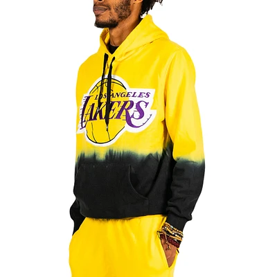 Men's FISLL Gold Los Angeles Lakers Black Dip-Dye - Pullover Hoodie