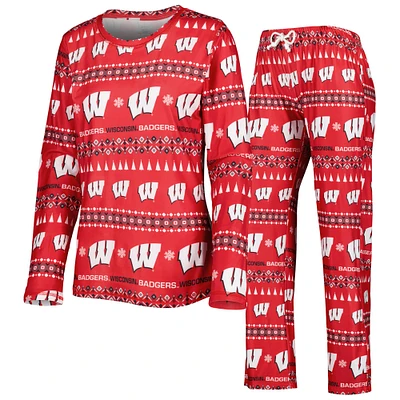 Women's Concepts Sport Red Wisconsin Badgers Flurry Ugly Sweater Long Sleeve T-Shirt & Pants Sleep Set