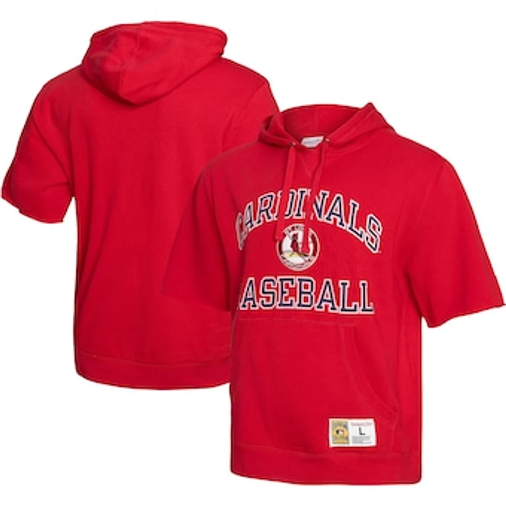 Men's Mitchell & Ness Red St. Louis Cardinals Cooperstown Collection Washed Fleece Pullover Short Sleeve Hoodie