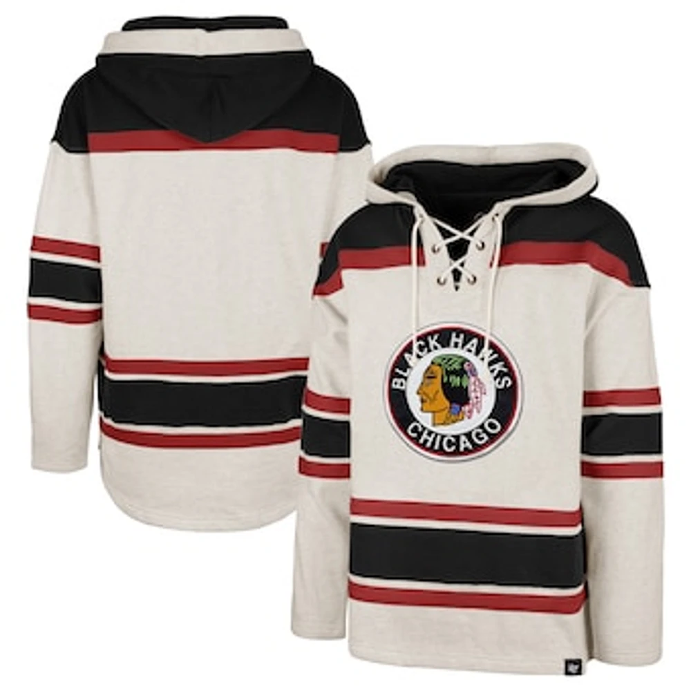 Men's '47 Oatmeal Chicago Blackhawks Rockaway Lace-Up Pullover Hoodie