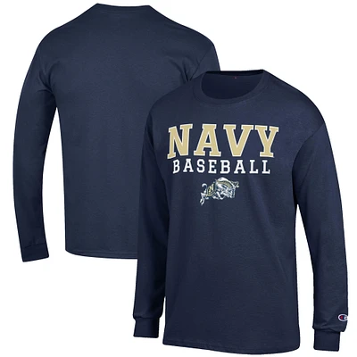 Men's Champion Navy Midshipmen Baseball Stack Long Sleeve T-Shirt