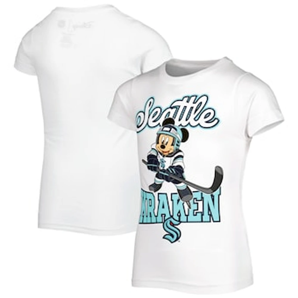 Girls Youth White Seattle Kraken Mickey Mouse Go Team T-Shirt