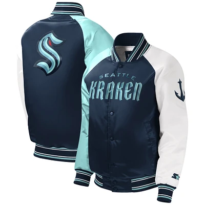 Youth Starter Deep Sea Blue Seattle Kraken Raglan Full-Snap Varsity Jacket