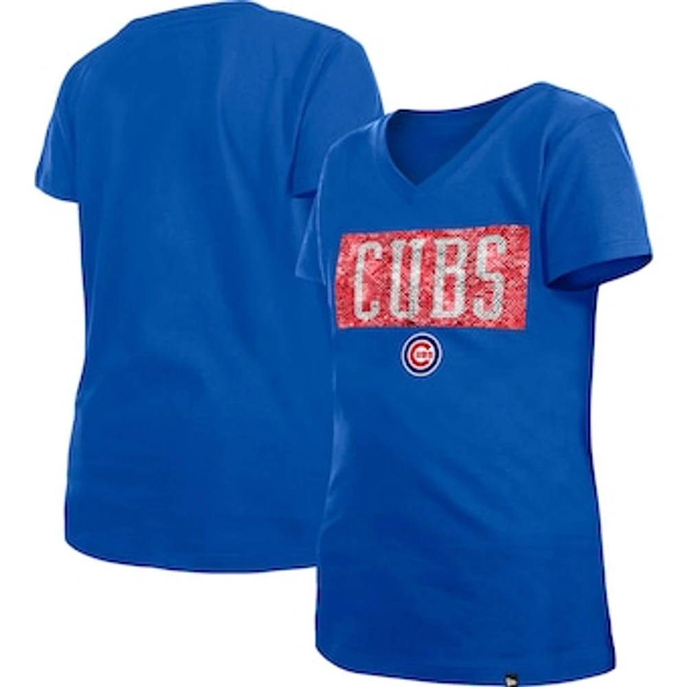 Girls Youth New Era Royal Chicago Cubs Flip Sequin Team V-Neck T-Shirt