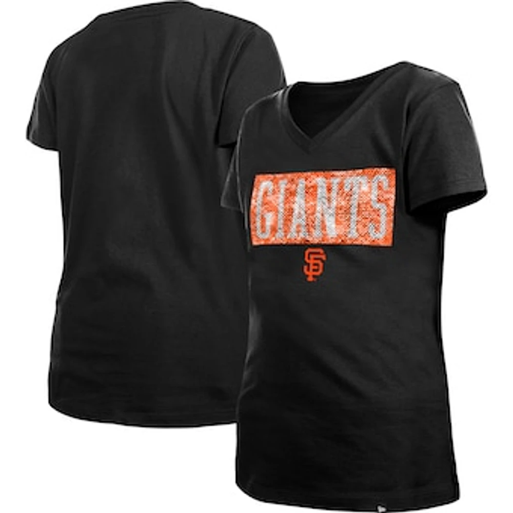 Girls Youth New Era Black San Francisco Giants Flip Sequin Team V-Neck T-Shirt