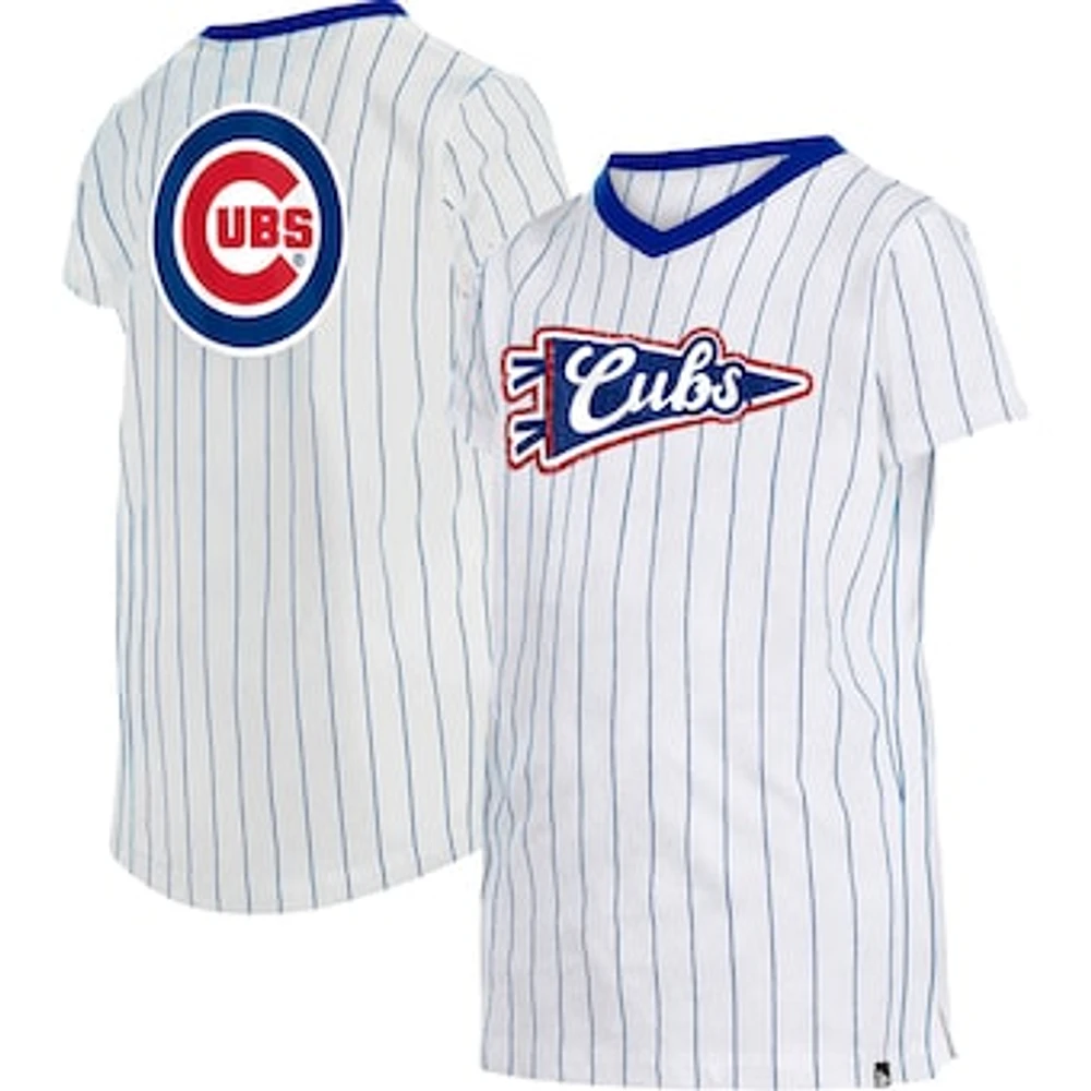 Girls Youth New Era White Chicago Cubs Pinstripe V-Neck T-Shirt