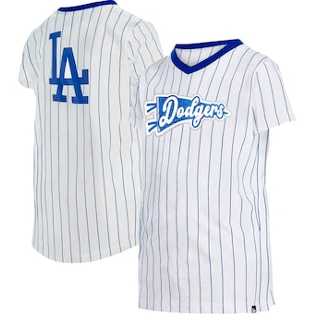 Girls Youth New Era White Los Angeles Dodgers Pinstripe V-Neck T-Shirt