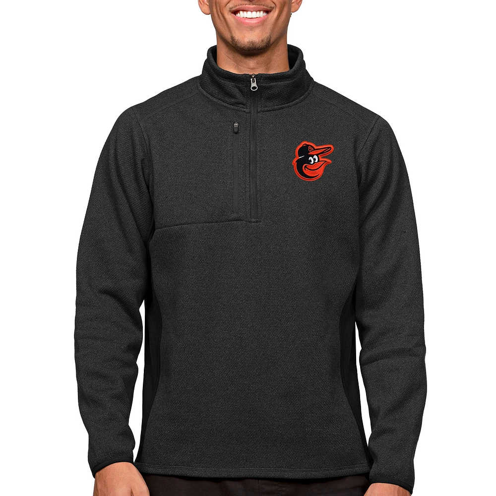 Men's Antigua Heathered Black Baltimore Orioles Course Quarter-Zip Pullover Top