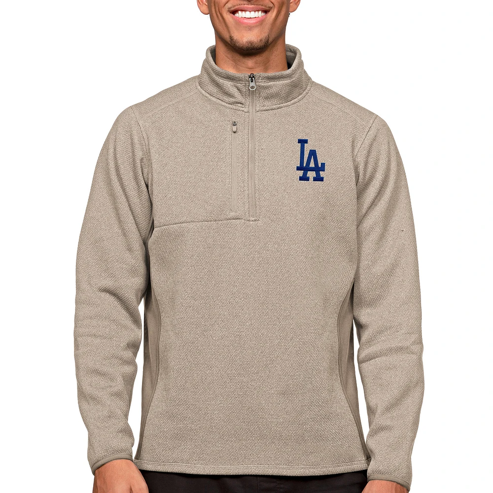 Men's Antigua Oatmeal Los Angeles Dodgers Course Quarter-Zip Pullover Top