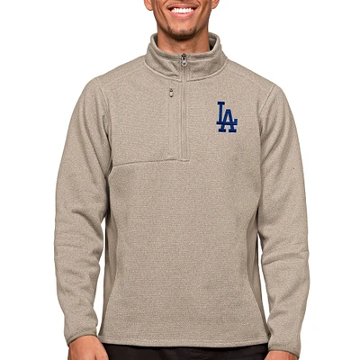 Men's Antigua Oatmeal Los Angeles Dodgers Course Quarter-Zip Pullover Top
