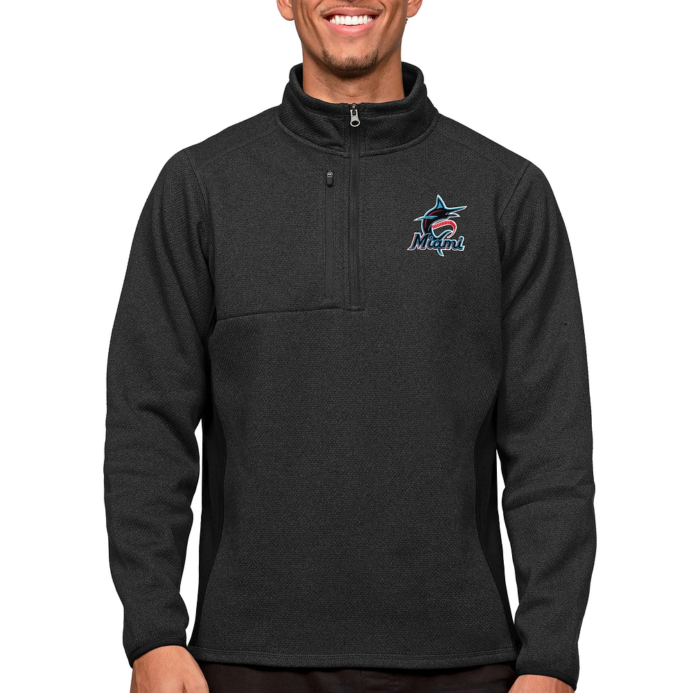 Men's Antigua Heathered Black Miami Marlins Course Quarter-Zip Pullover Top