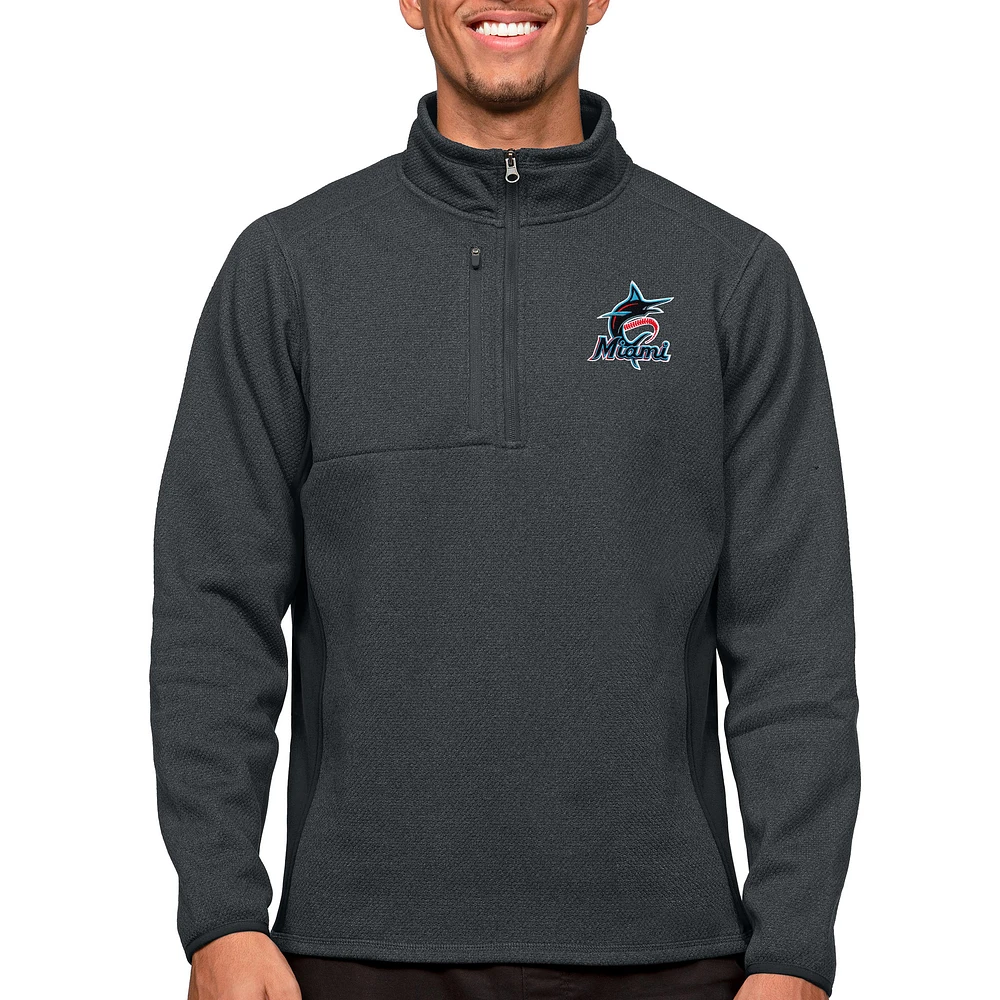 Men's Antigua Heathered Charcoal Miami Marlins Course Quarter-Zip Pullover Top