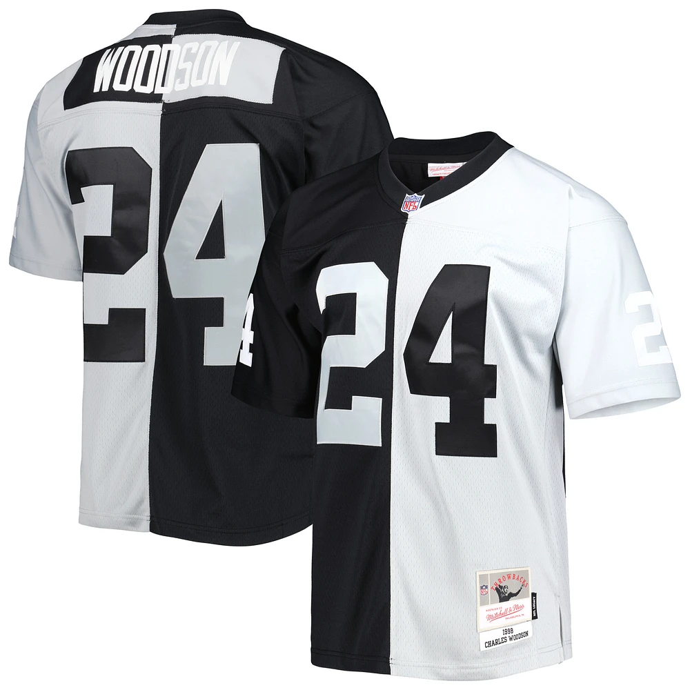 Men's Mitchell & Ness Charles Woodson Black/Silver Las Vegas Raiders 1998 Split Legacy Replica Jersey