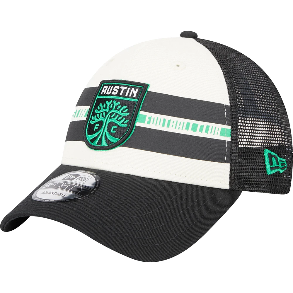 Men's New Era White/Black Austin FC Team Stripes 9FORTY Trucker Snapback Hat