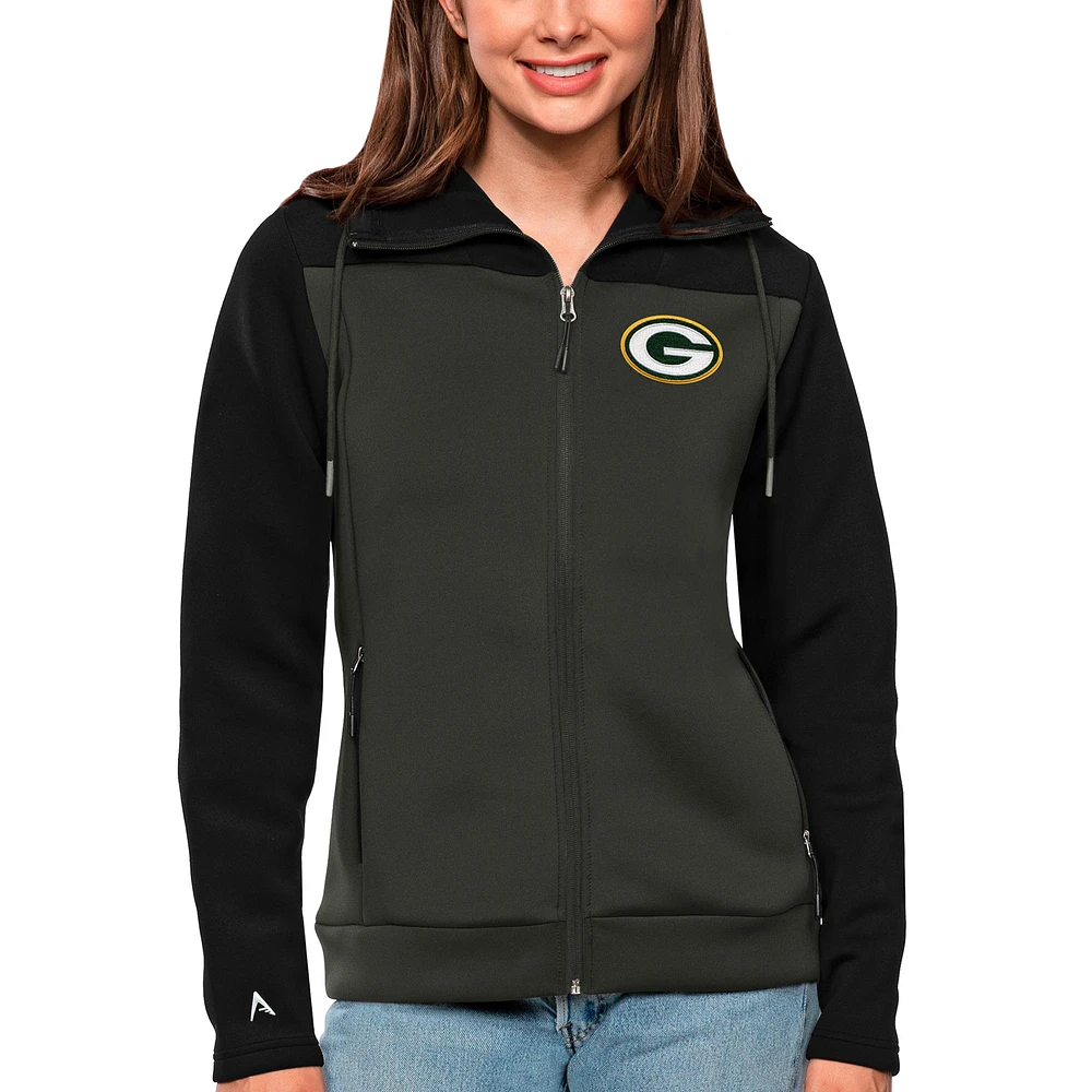 Women's Antigua Black/Charcoal Green Bay Packers Protect Full-Zip Jacket