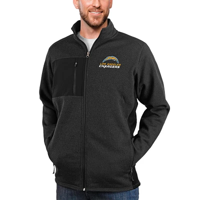 Men's Antigua Heathered Black Los Angeles Chargers Course Full-Zip Jacket