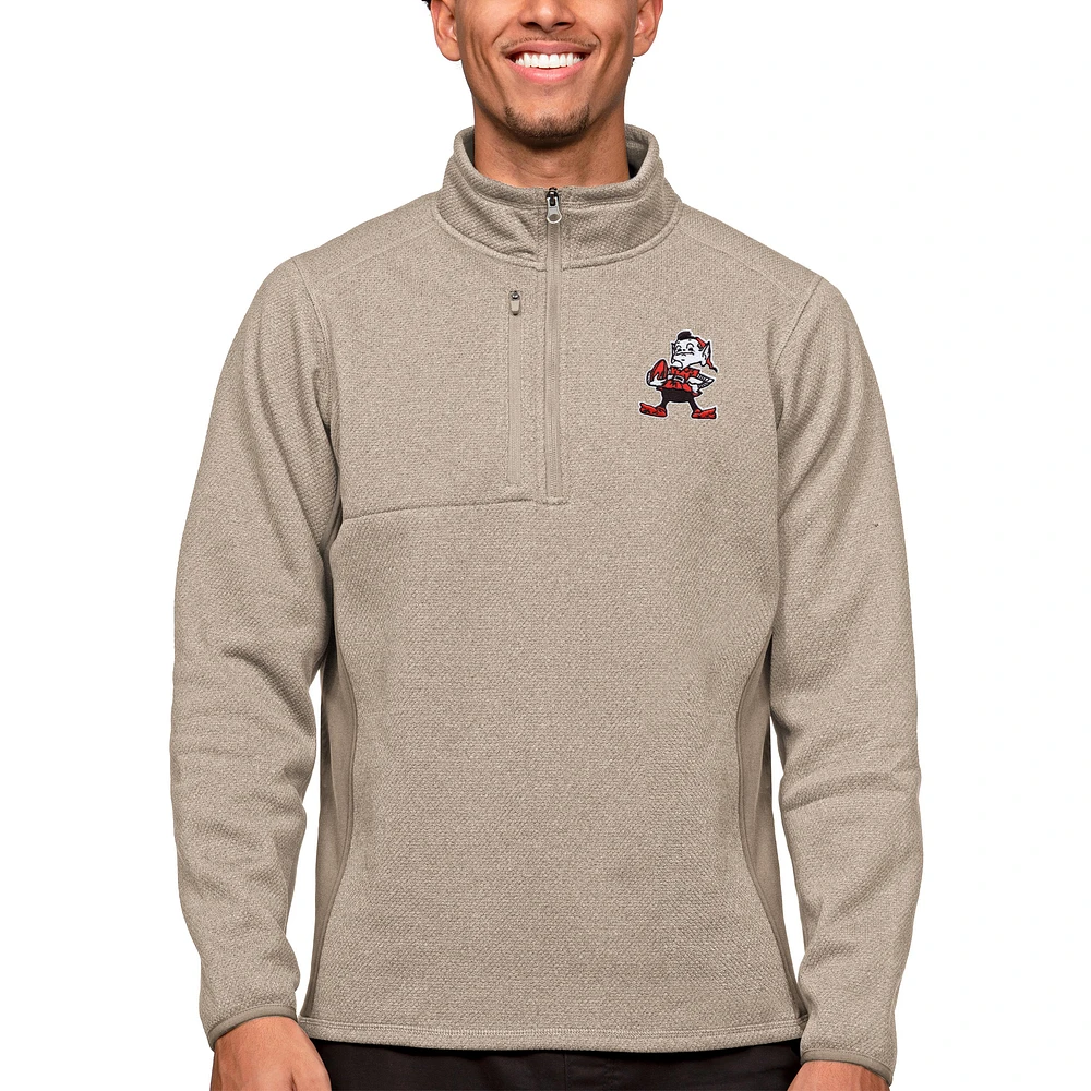 Men's Antigua Oatmeal Cleveland Browns Brownie The Elf Course Quarter-Zip Pullover Top