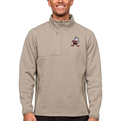 Men's Antigua Oatmeal Cleveland Browns Brownie The Elf Course Quarter-Zip Pullover Top