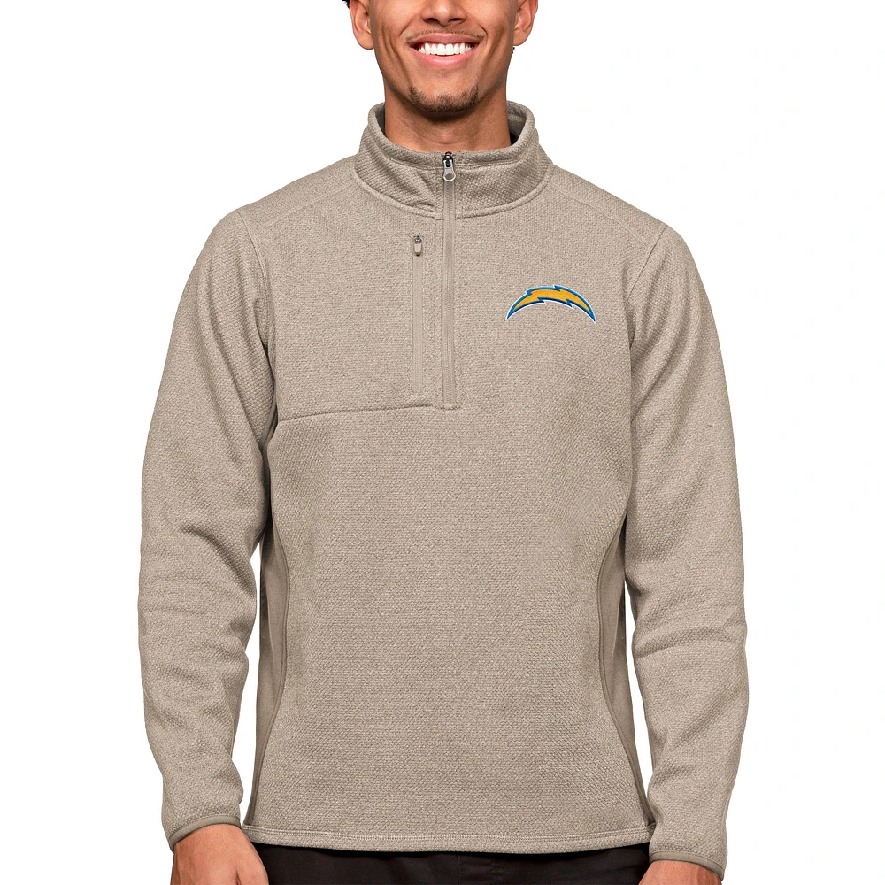Men's Antigua Oatmeal Los Angeles Chargers Course Quarter-Zip Pullover Top