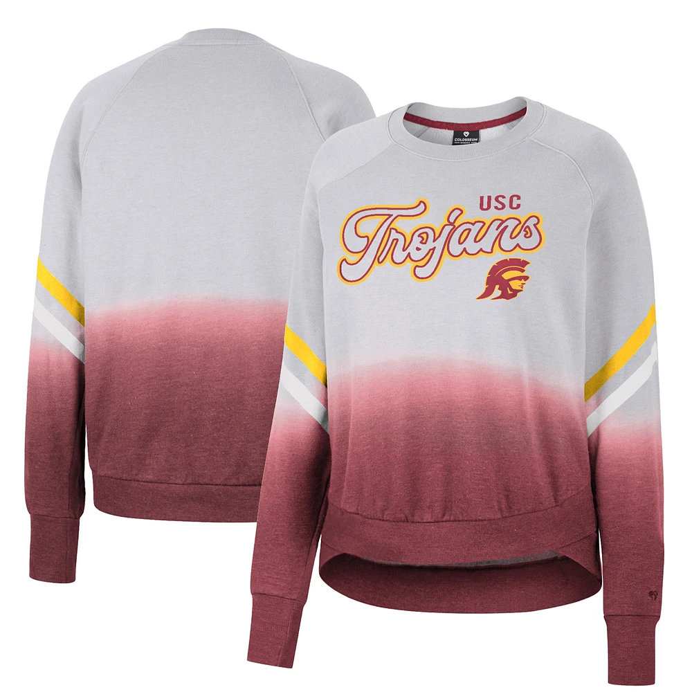 Women's Colosseum Gray USC Trojans Cue Cards Dip-Dye Raglan Pullover Sweatshirt