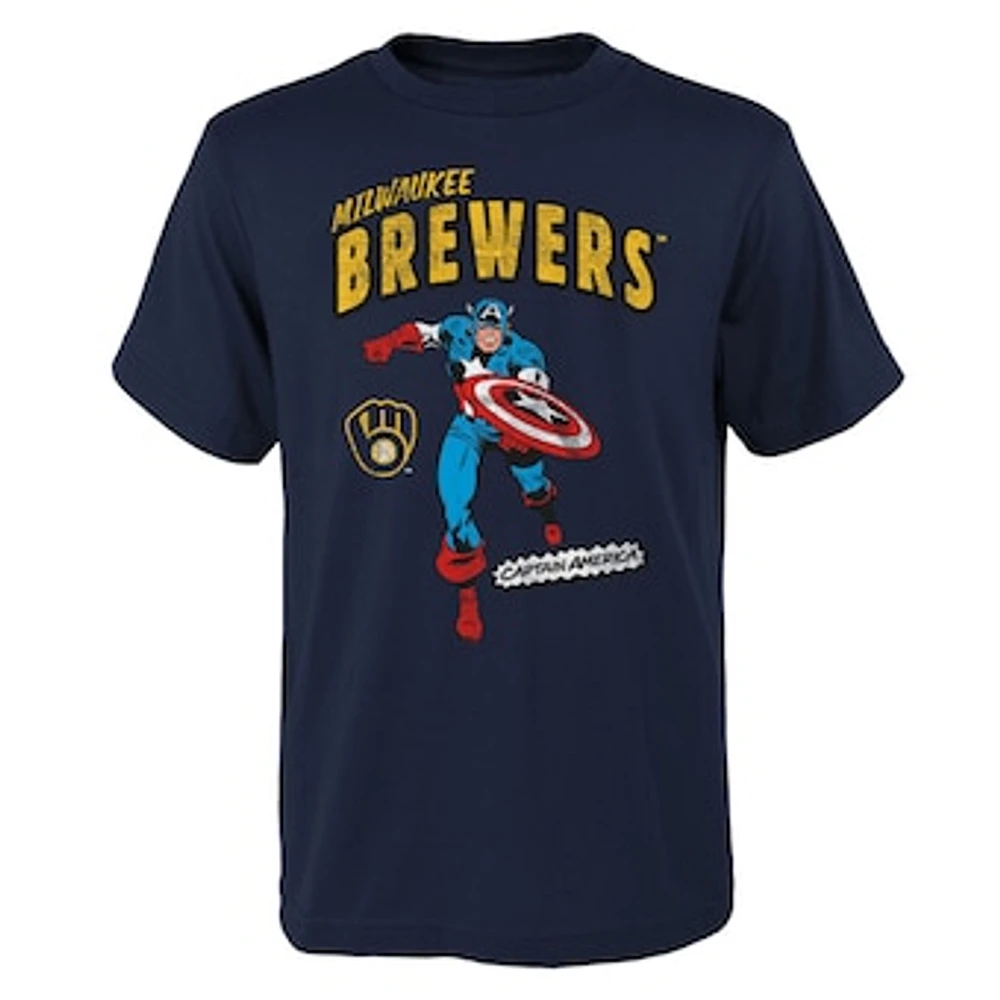 Youth Navy Milwaukee Brewers Team Captain America Marvel T-Shirt