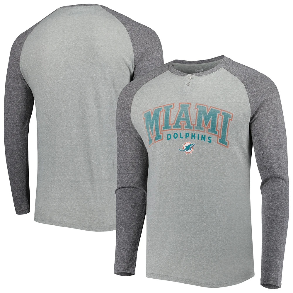 Men's Concepts Sport Heather Gray Miami Dolphins Ledger Raglan Long Sleeve Henley T-Shirt