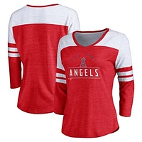 Women's Fanatics Heather Red Los Angeles Angels League Leader Tri-Blend 3/4-Sleeve V-Neck T-Shirt