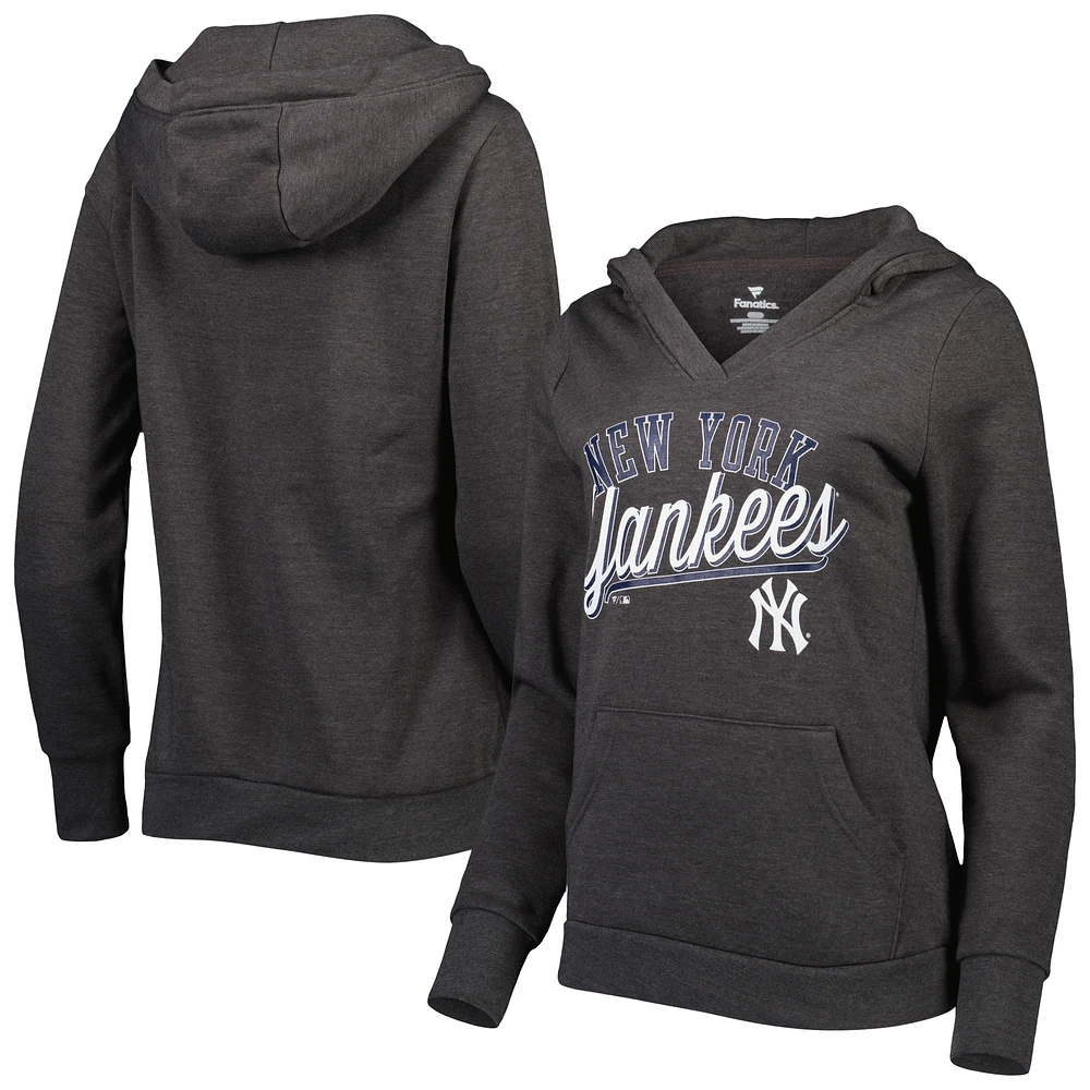 Women's Fanatics Heather Charcoal New York Yankees Simplicity Crossover V-Neck Pullover Hoodie