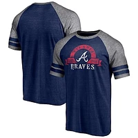 Men's Fanatics Heather Navy Atlanta Braves Utility Two-Stripe Raglan Tri-Blend T-Shirt