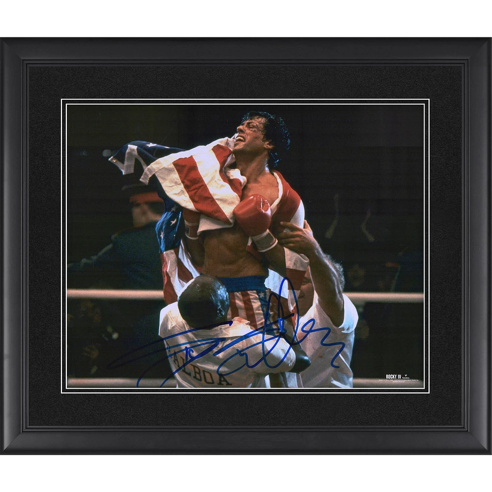Sylvester Stallone Rocky IV Framed Autographed 16" x 20" Draped in the American Flag Photograph