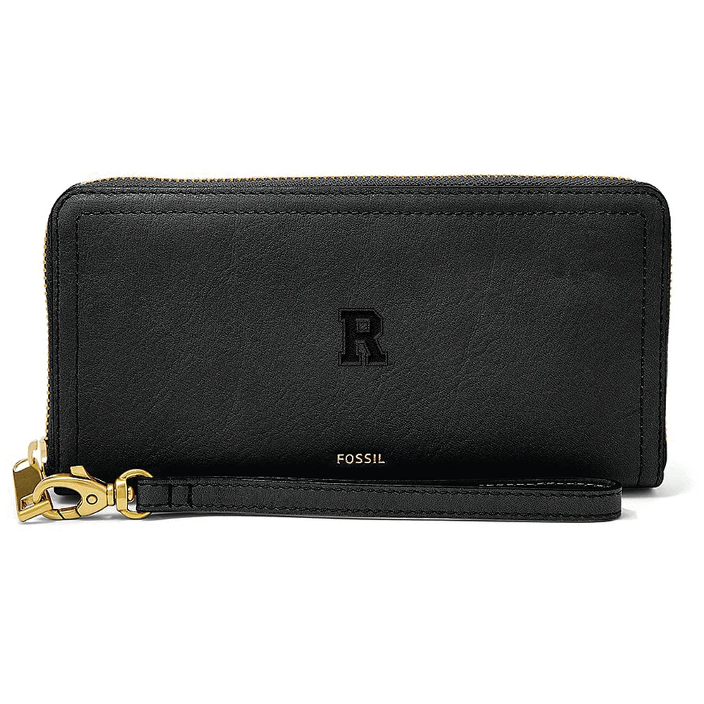 Women's Fossil Black Rochester Yellow Jackets Leather Logan RFID Zip Around Clutch